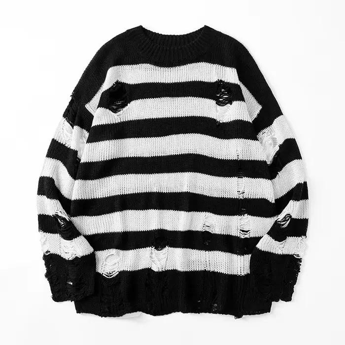 2025 chandails rayés Punk unisexe pull automne évider trou cassé pull ample surdimensionné Pullouver