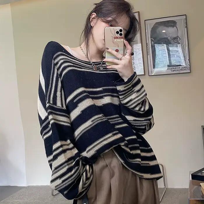 Pull rayé à manches longues pour femme, ample, gothique, tricoté, style Hip Hop, rétro, surdimension