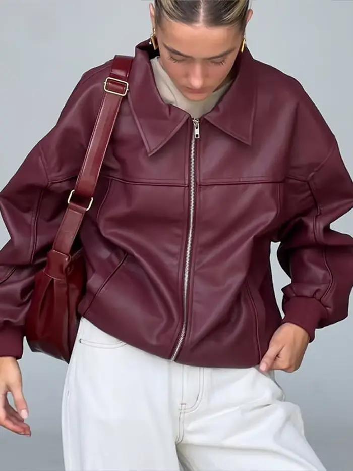 Vestes en Faux cuir pour femmes, revers de rue, fermeture éclair, col rabattu, lanterne, manches lon