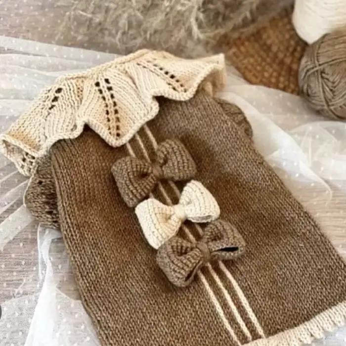 Pull doux en tricot avec nœud pour animaux de compagnie, Teddy chaud d'hiver à deux pattes, couleur 
