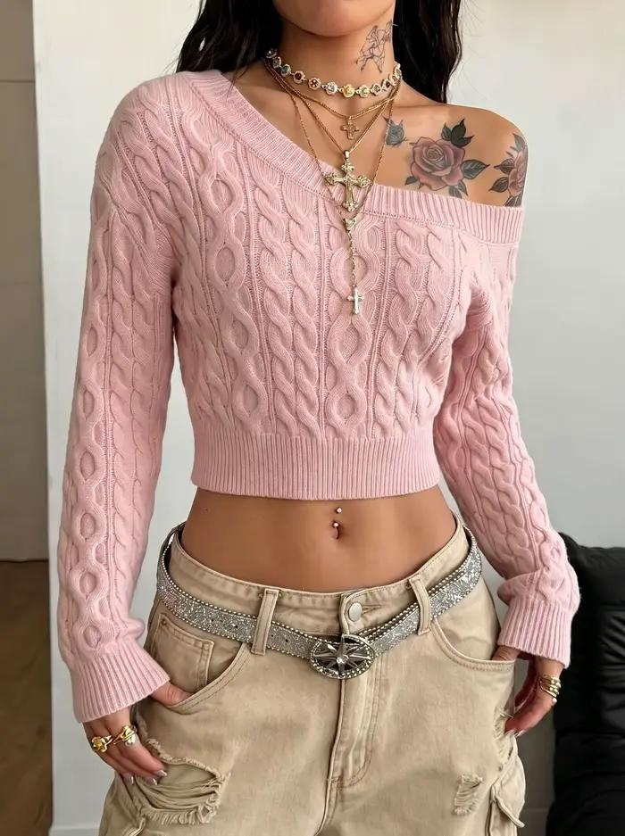 Pull en tricot torsadé à épaules dénudées pour femme, style Spicy Girl, pull court à manches longues