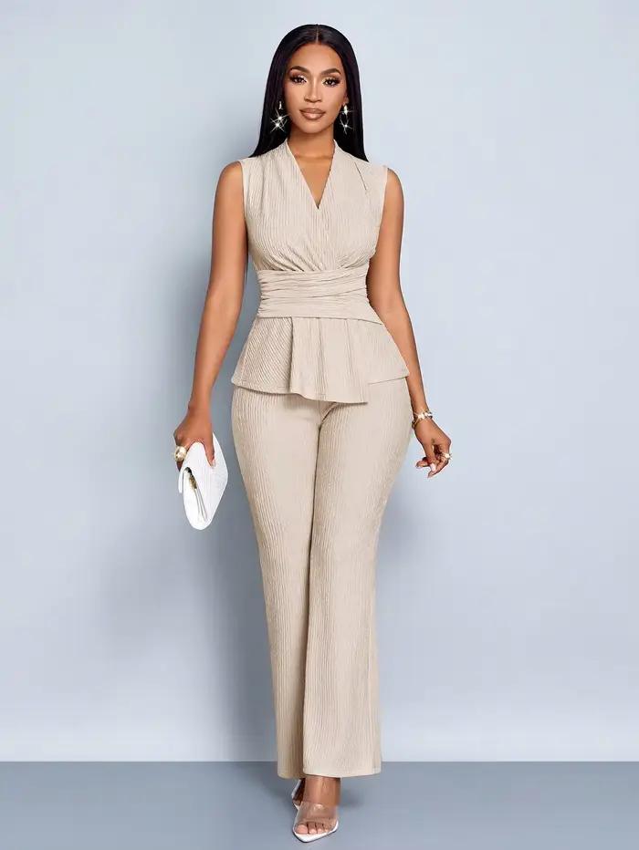 Ensemble deux pièces pour femmes, veste élégante à col en V et pantalon large, couleur abricot