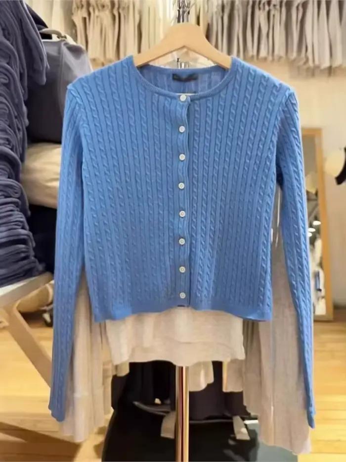 Cardigan en tricot à fleurs torsadées bleues pour femmes, col rond décontracté, simple boutonnage, S