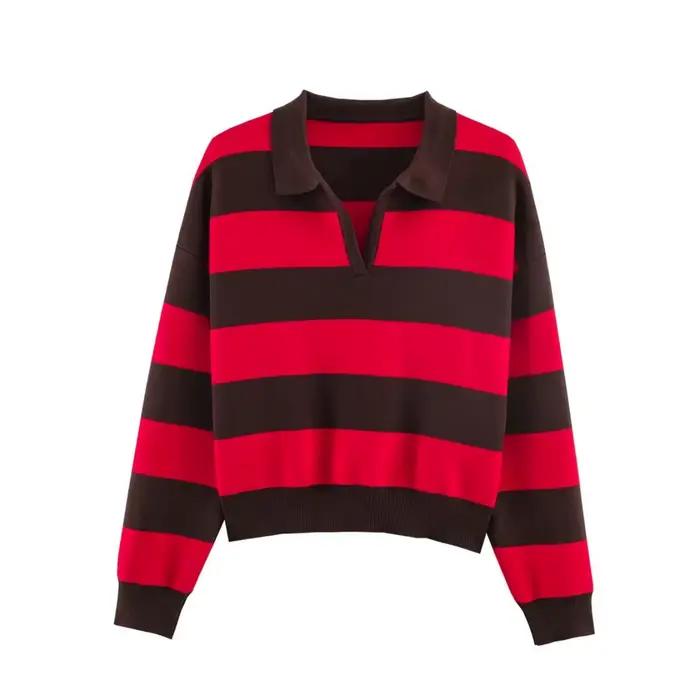 Pulls en tricot rayés pour femmes, pull à col polo à manches longues décontracté pour femmes, hauts 