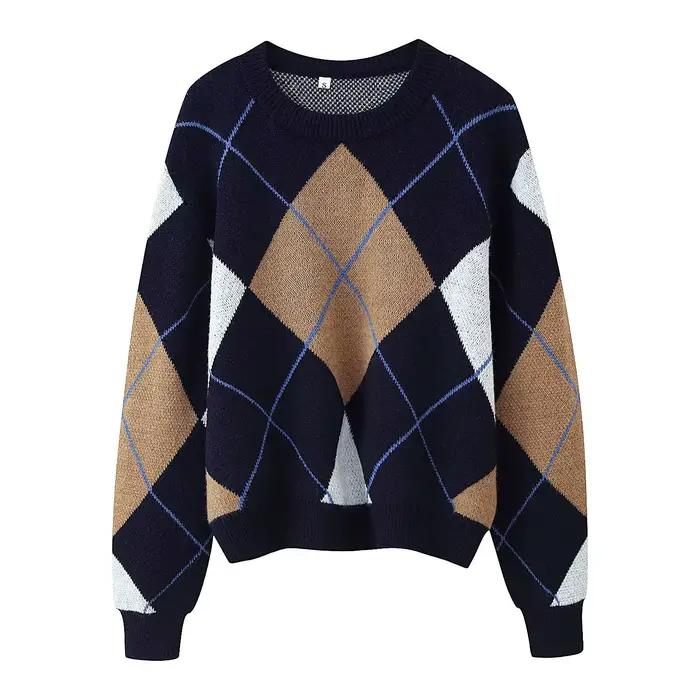 Pull décontracté à col rond bleu foncé à motif losanges, nouvelle collection hiver, en fibre de poly