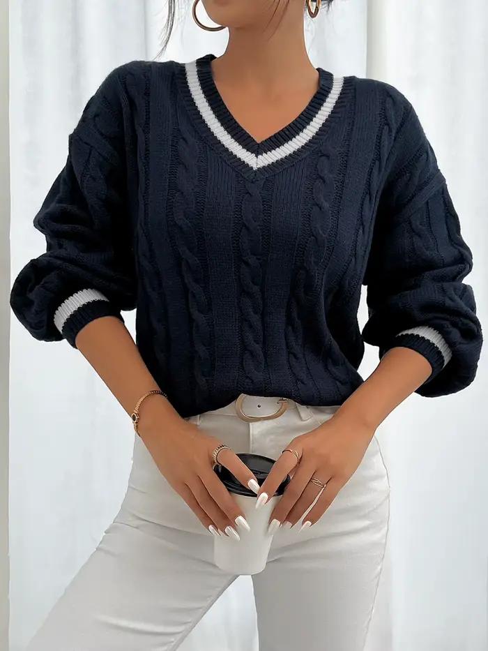 Pull tricoté torsadé à rayures et fleurs, col en V, manches longues, décontracté pour femme, doux et
