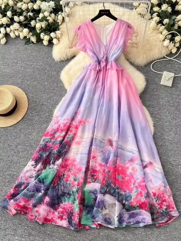 Femmes sans manches col en V volants volants plage Boho en mousseline de soie longues robes fée bohè