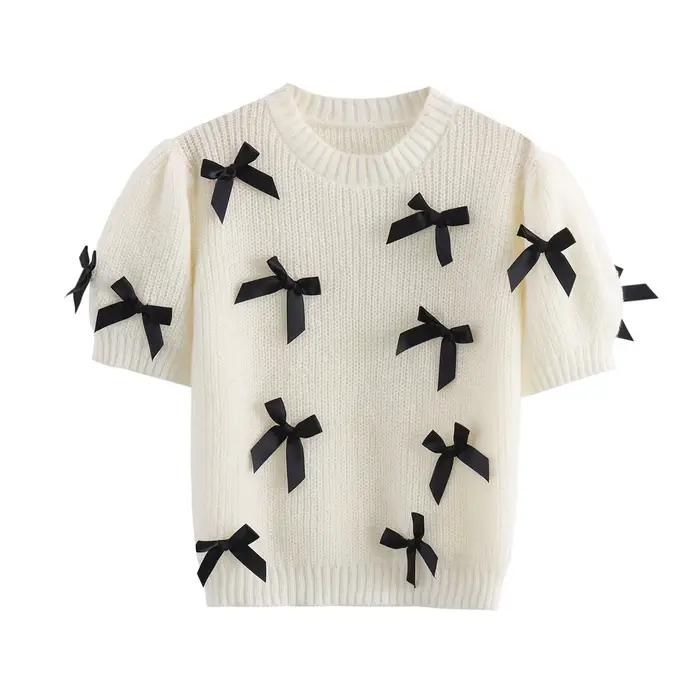 Pull court de couleur unie pour femme, col rond, détail avec nœud, haut tricoté, Style occidental, t