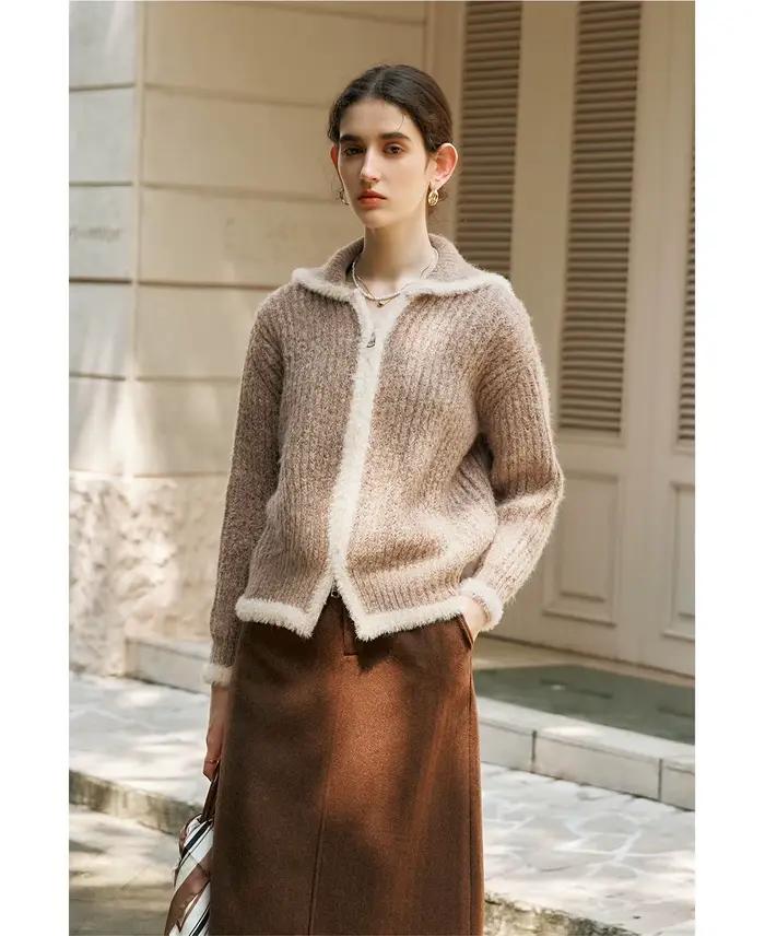 OLrain Cardigan Marron Style Français Femme 2026 Nouvelle Collection Automne Col Rabattu Manches Tom