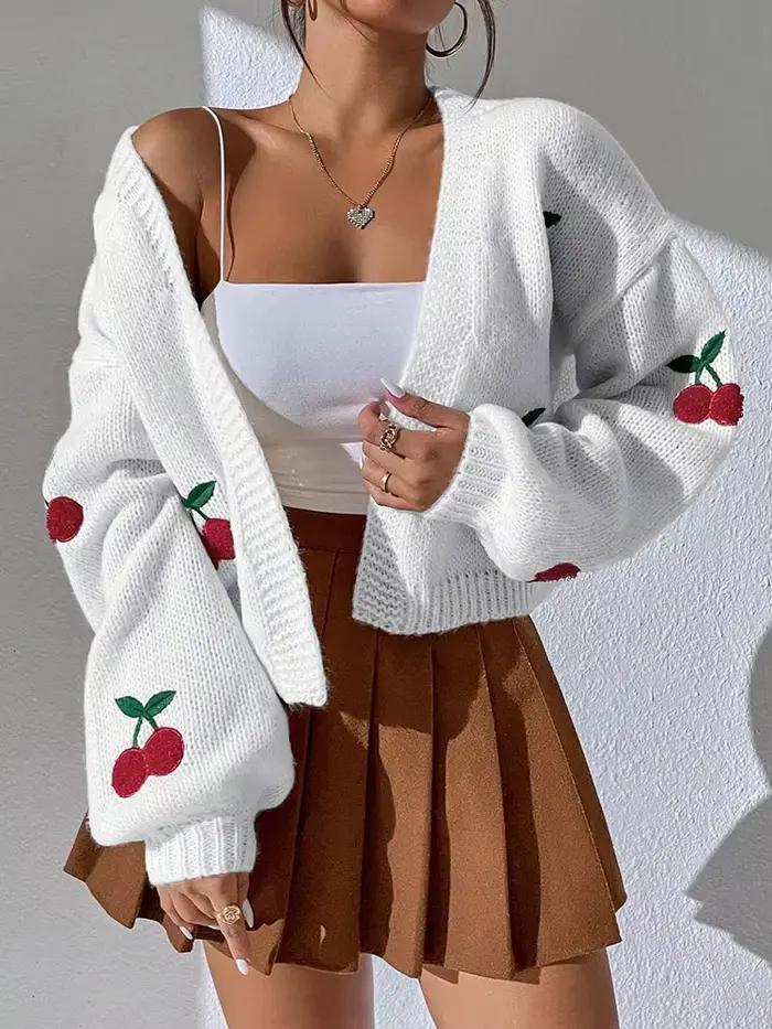 Cardigan tendance à épaules tombantes avec motif brodé cerise, pull de navetteur, veste ample pour f