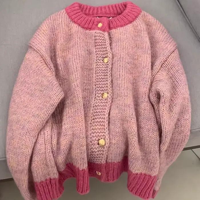 Cardigan court en tricot pour femme, style décontracté, épais, automne-hiver, avec boutons contrasta