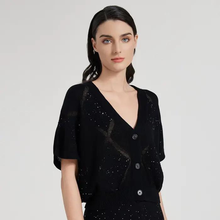 BC1047 – cardigan en soie et lin à paillettes pour femme, pull de luxe de haute qualité, printemps e