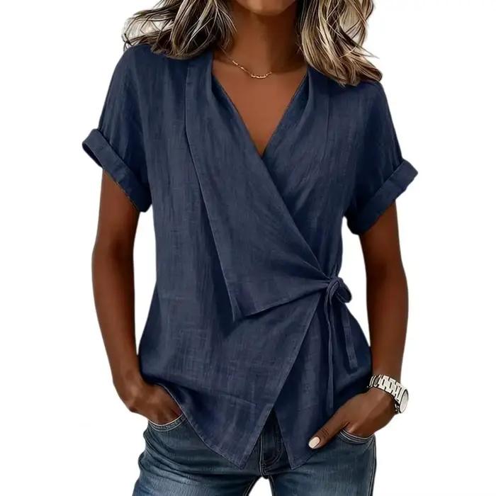T-shirt Femme Nouveau Style Décontracté Col Montant à Nouer Col en V Asymétrique Manches Courtes ave