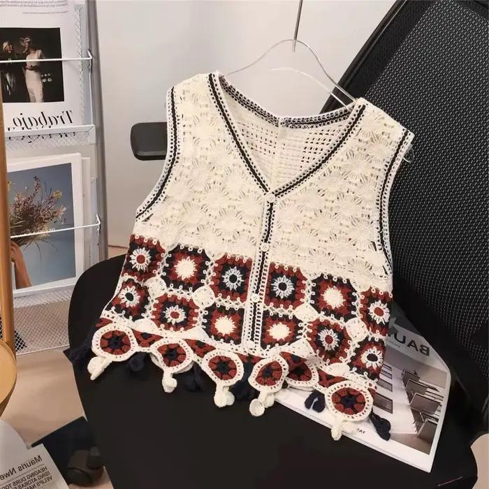 Gilet sans manches en tricot ajouré pour femme, style rétro artistique bohème, col en V, bouton uniq