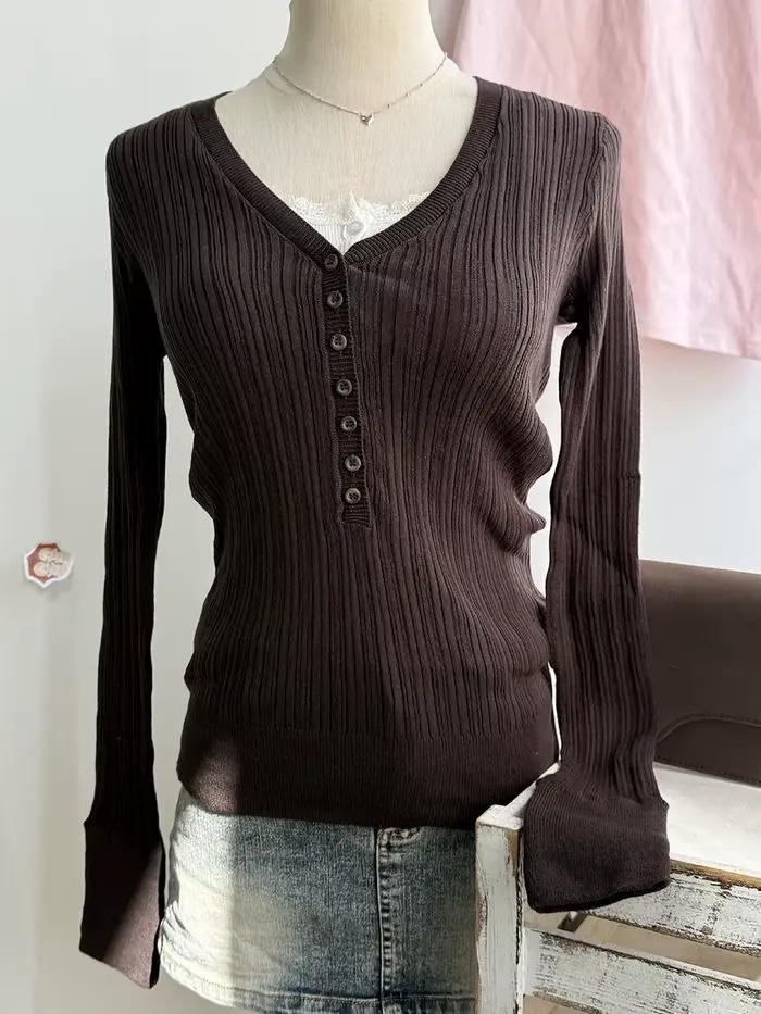 T-shirts en tricot à col en V avec boutons pour femmes, style décontracté printemps, streetwear, cot