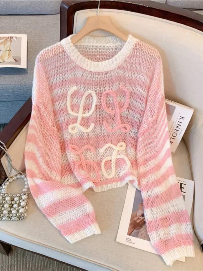 Pull à col rond brodé pour femme, bleu clair, tricot ajouré rayé, mode automne, manches longues, cou