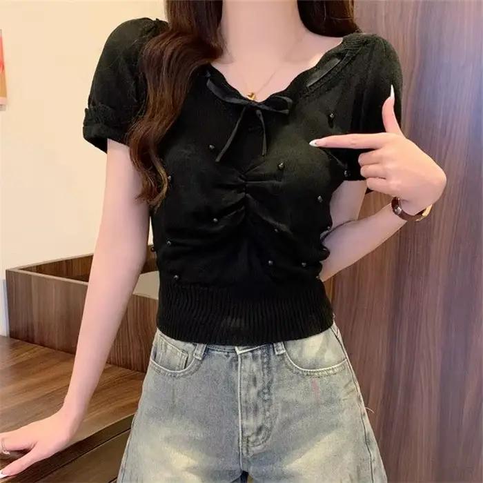 Pure Suifeng – pull à manches avec nœud perlé pour femme, vêtement d'été, Design de Niche, sens froi