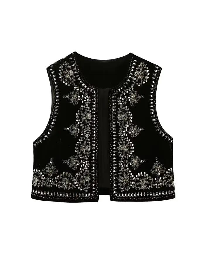 Vintage automne velours brodé gilet sans manches veste femmes col en V Chic gilets femme mode gilets
