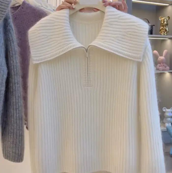 Pull tricoté à demi-fermeture éclair pour femme, épais, ample, à grand revers, en velours de chameau
