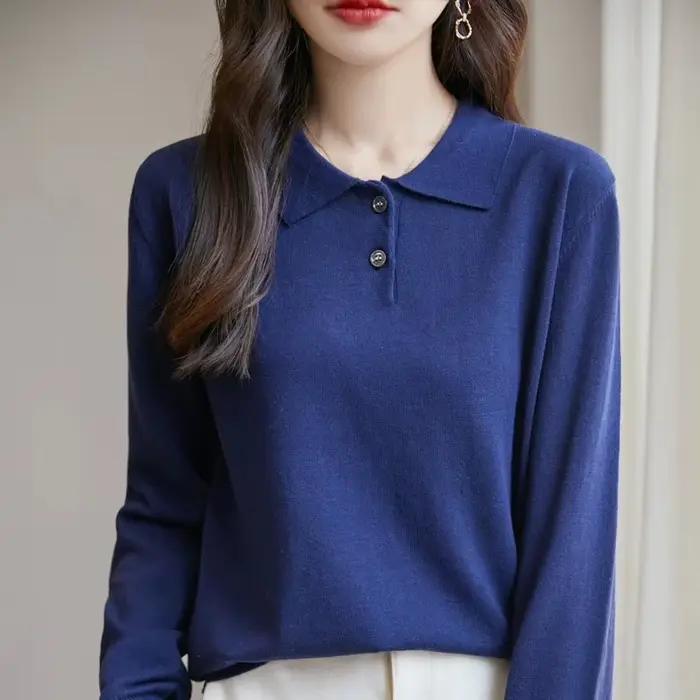 Pull à col en coton pour femmes, décontracté, couleur unie, tricot, manches longues, printemps-autom