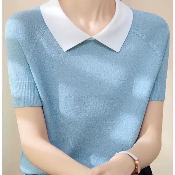 Pull en soie glacée à manches courtes pour femmes, col Polo, soie brillante, ample, grande taille, b