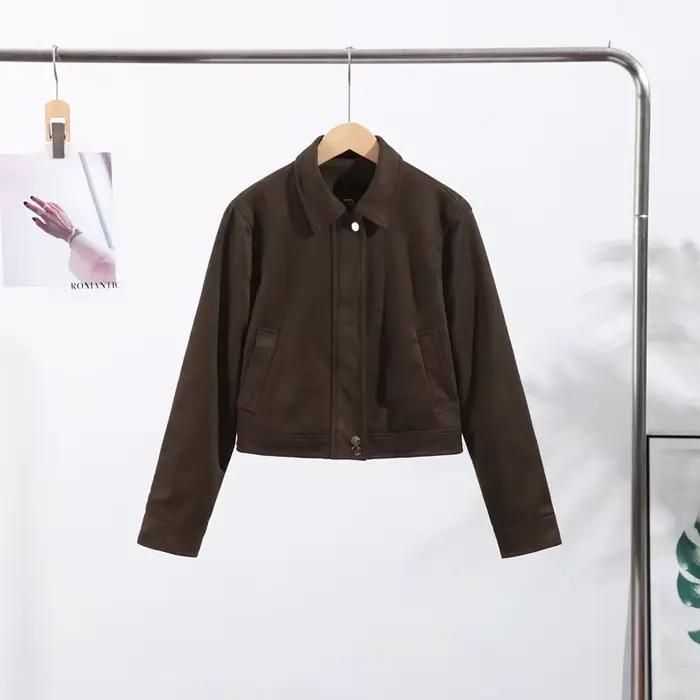 Veste décontractée à fermeture éclair pour femme, col à revers, manches longues, boutons, manteaux r