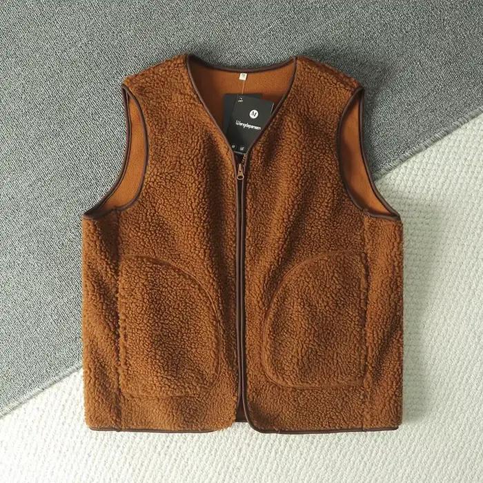Gilet polaire Double face de Style nordique, épais et chaud pour Couple, couleur Pure assortie, col 