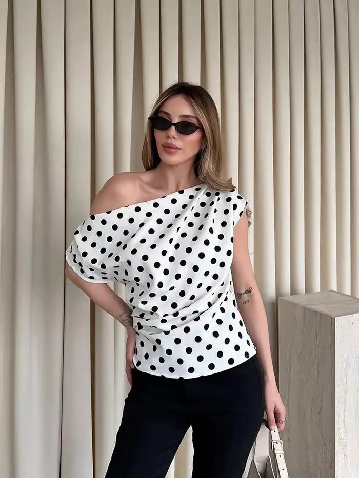 Nibber Y2k Gilet Femmes Polka Dot Imprimer Col Asymétrique Plis D'été Mode Loisirs Quotidien Simple 