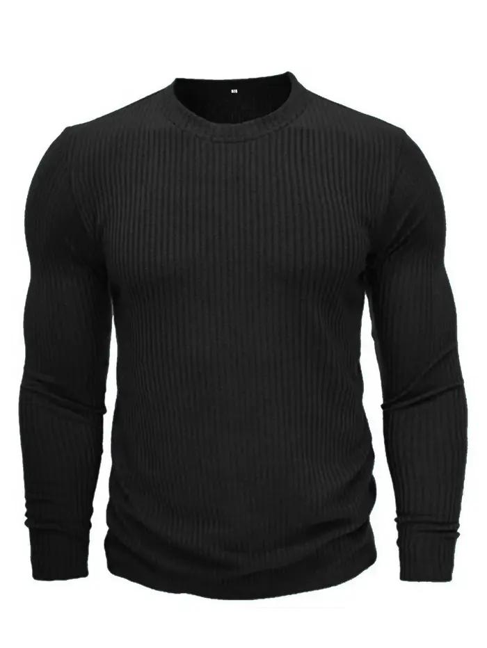 T-shirt en tricot à manches longues et col rond pour homme, pull uni, coupe décontractée et formelle