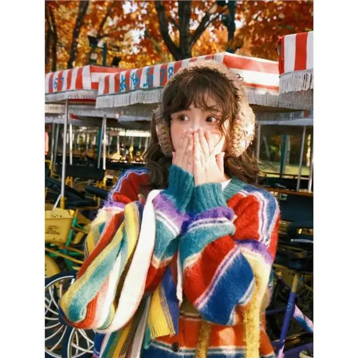 Cardigan de Style japonais à rayures arc-en-ciel, manteau en tricot Vintage surdimensionné, couvertu
