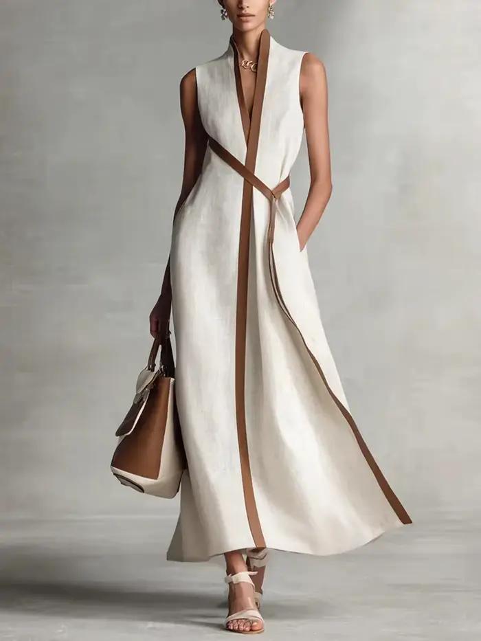 Robe en lin color block pour femme, col montant, sans manches, en coton, tenue longue printemps-été