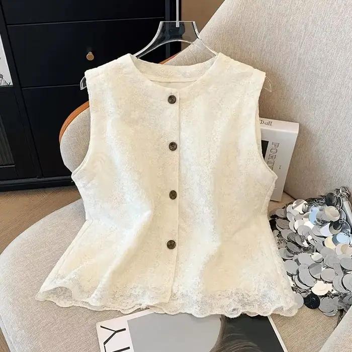 Veste gilet femme 2025 printemps automne Jacquard col rond dame vêtements d'extérieur dentelle simpl