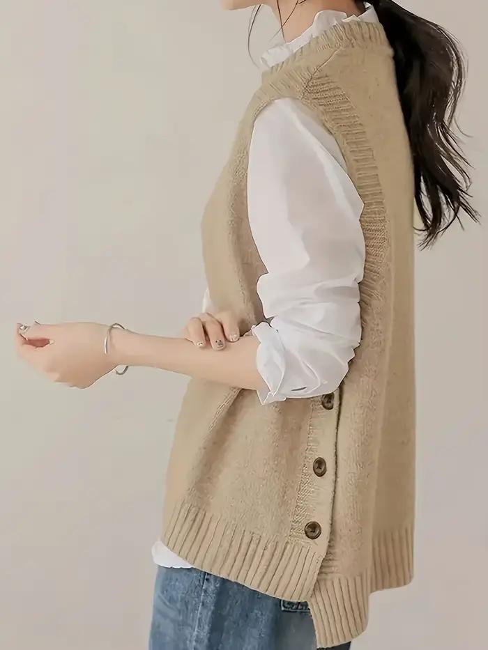 Gilet en tricot minimaliste pour femme, sans manches, col rond, boutonné, style preppy, décontracté 