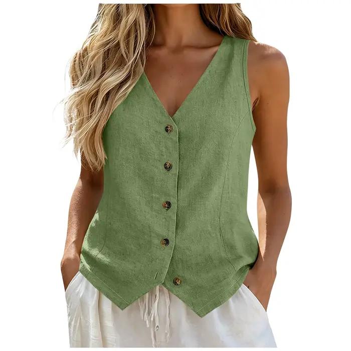 Gilets d'été décontractés pour femmes, chemises sans manches à col en V et boutons, en coton et lin,