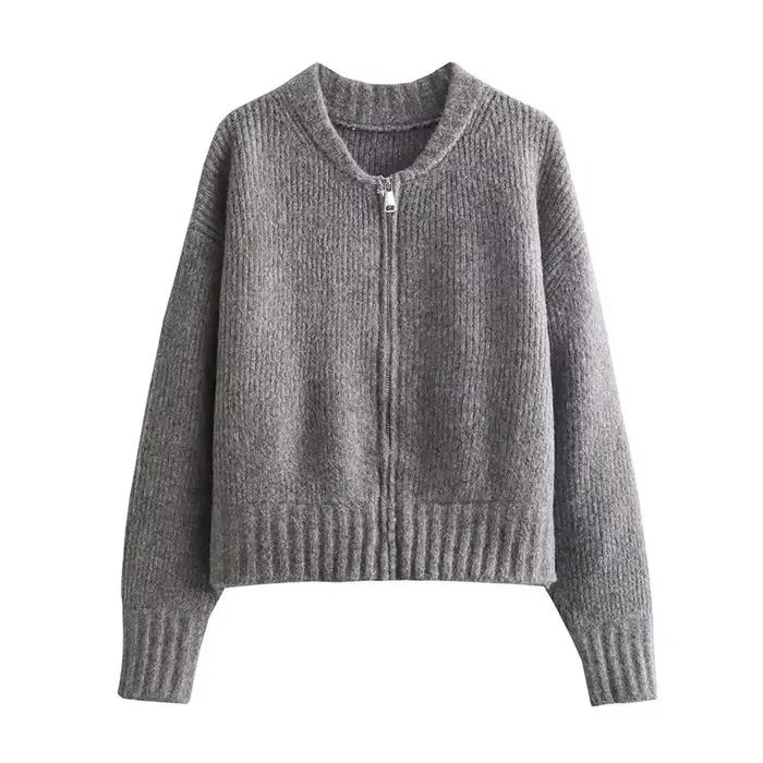 Pull tricoté solide pour femmes, col rond, manches longues, fermeture éclair, haut court, élégant, q
