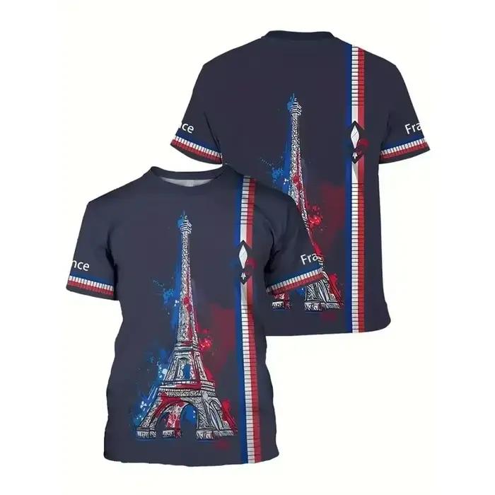 Nouveau T-shirt Minimaliste Style Français 2026 pour Hommes – Imprimé Drapeau Français, Coq et Tour 