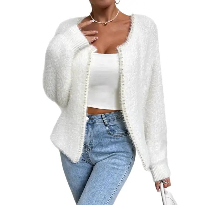 Pull Cardigan élégant pour femmes, couleur unie, col en v, mode, pull tricoté perlé, veste supérieur