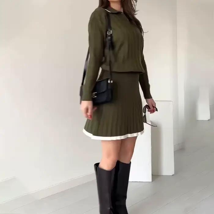Pull tricoté pour femmes, col POLO, jupe courte en Patchwork, ensemble à la mode, nouvelle collectio