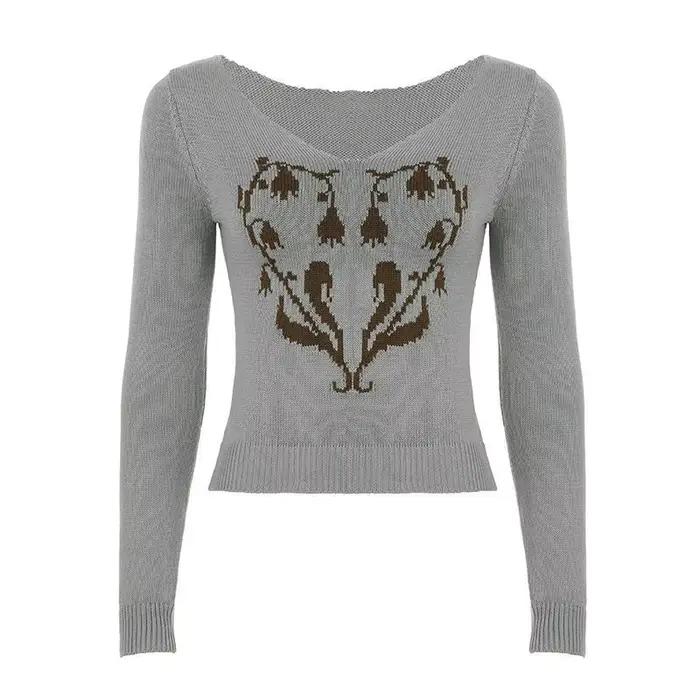 Pull Vintage à col en v pour femme, haut tricoté, Slim, polyvalent, fleur d'amour foncé, Y2K