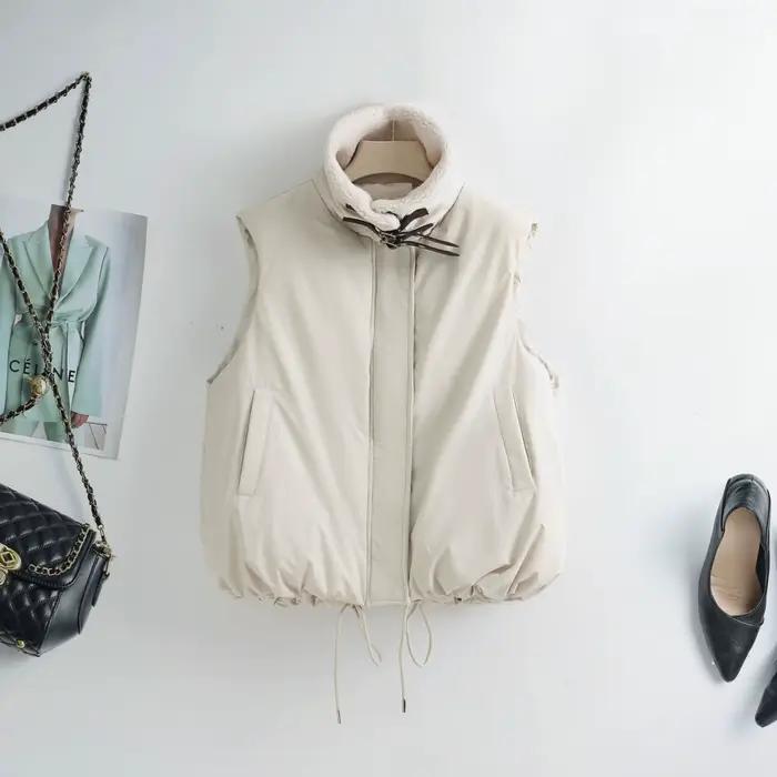 2025 hiver nouveau gilet col en laine d'agneau coton gilet court sans manches coton vêtements femmes