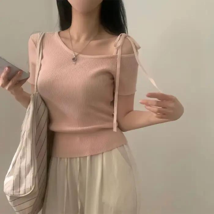 Vêtements pour femmes, pulls à col incliné, élégants, épaules dénudées, cordon de serrage, décontrac