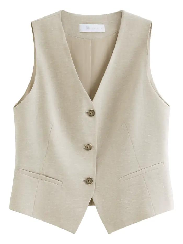 FSLE Gilet col en V style Old Money pour femme, Nouveauté été 2026, Ensembles jupe en chanvre, Stree