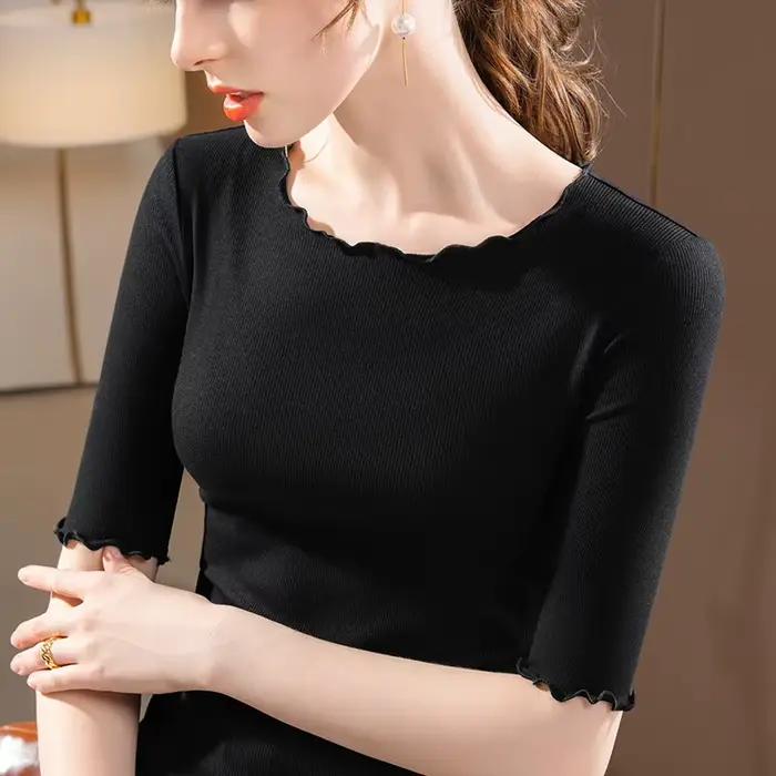 T-shirt côtelé à manches mi-longues pour femme – Haut basique ajusté, élégant, couleur unie, chemisi