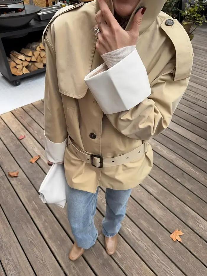 Trench-Coat Chic à col montant pour femmes, avec ceinture, manchette contrastée, simple boutonnage, 