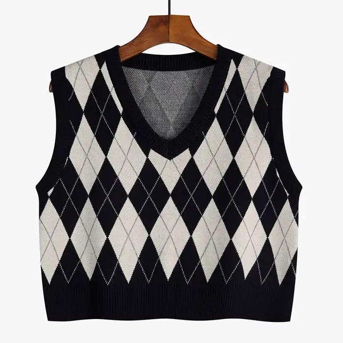 Argyle-Pull rétro à col en V pour femmes, Pull court All-Match, Style coréen, High Street Classic, A