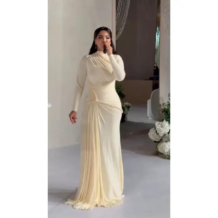 Robe de soirée à col haut, manches longues personnalisées, plissée, longueur au sol, robe de bal sir