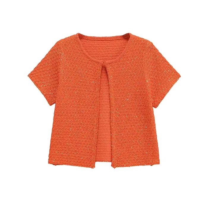 Haut court en tricot perlé à bouton unique pour femme, couleur unie, Slim, col licou, décontracté, m