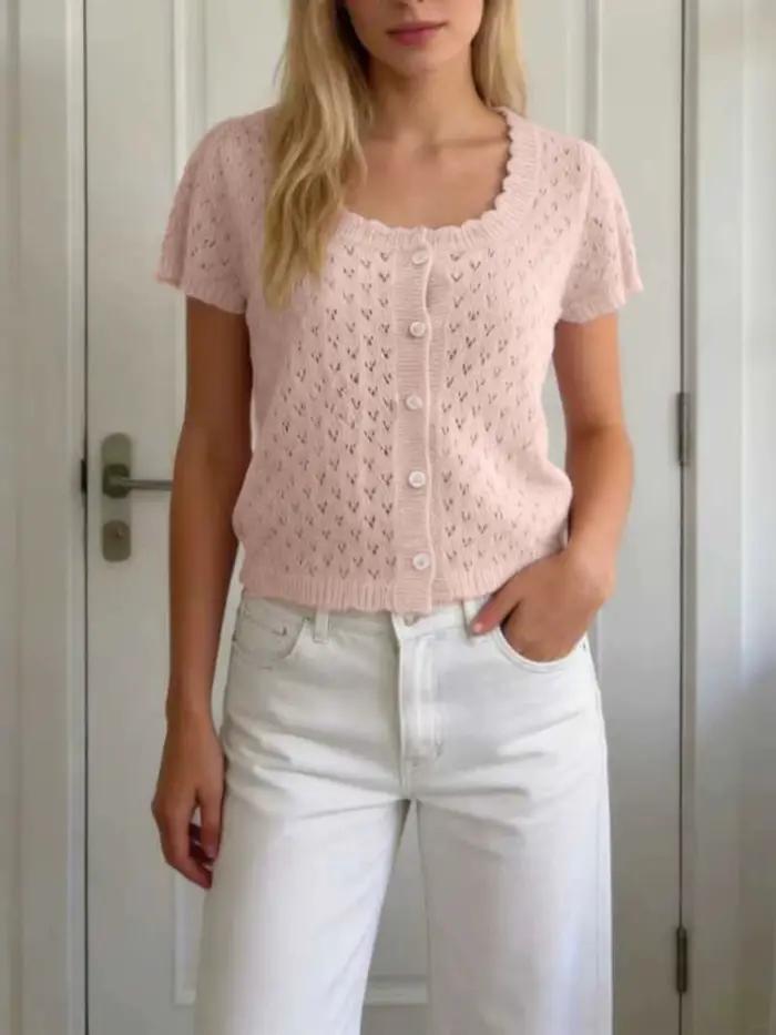 Cardigan en tricot rose élégant à manches courtes pour femme, boutonné, léger, idéal pour l'été