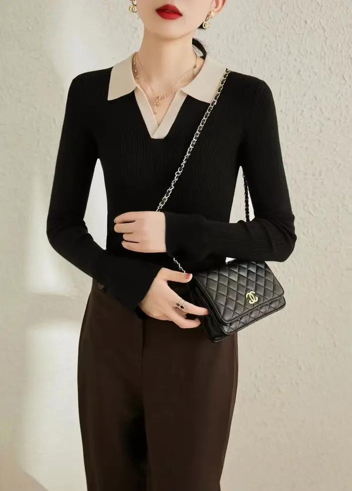 Pull à col POLO de couleur contrastée pour femmes, Style printemps-automne, tempérament rétro avec c