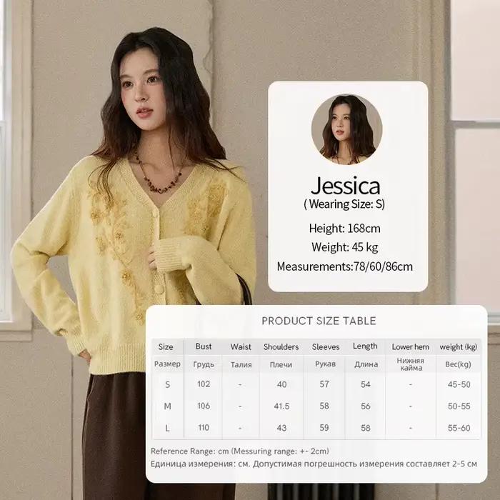 MISHOW tricot Cardigan pour femme 2025 hiver Style français brodé jaune col en v Cardigan chaud mode